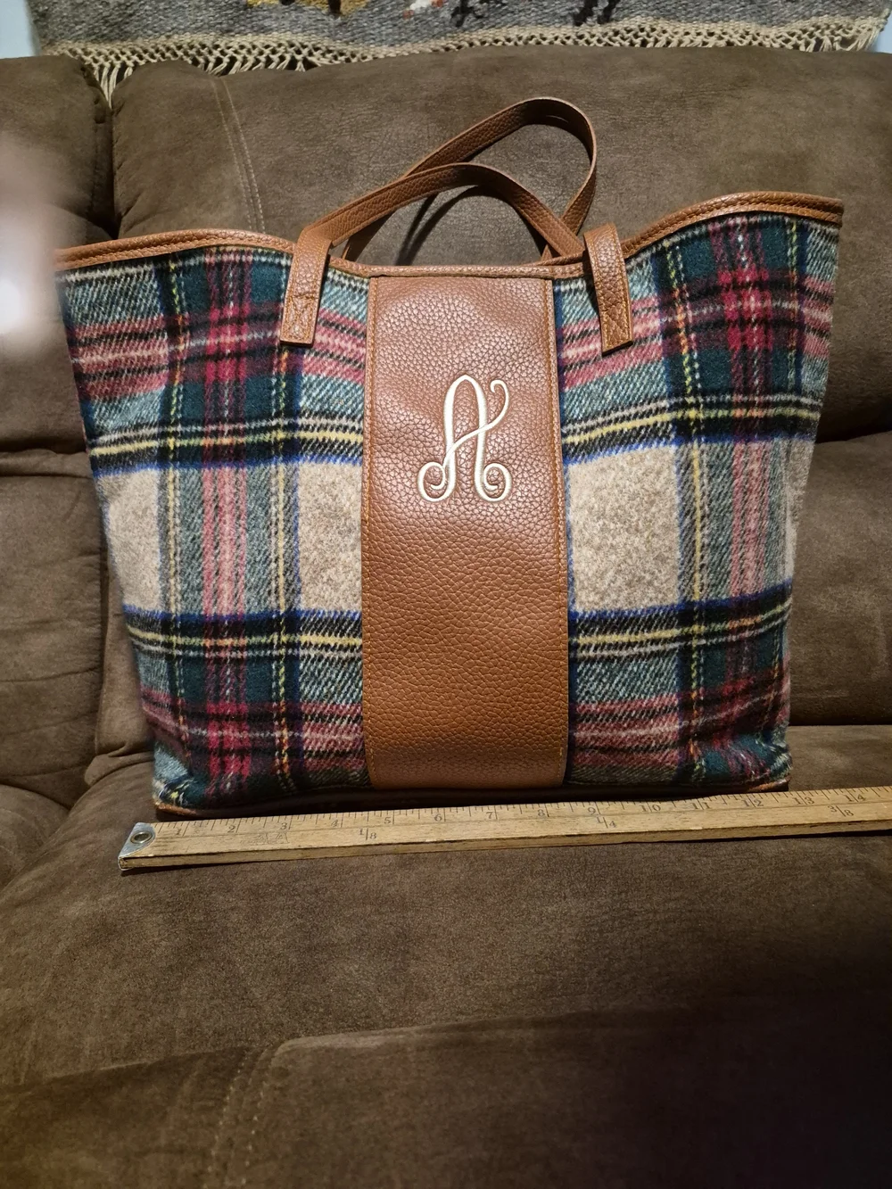 Plaid Tote with Brown Leather Center Panel and Monogram Accent